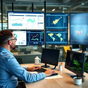 Project Manager revisando pantallas con gráficas de logística, mapas de rutas y análisis de datos para optimizar la gestión de proyectos en 2025.