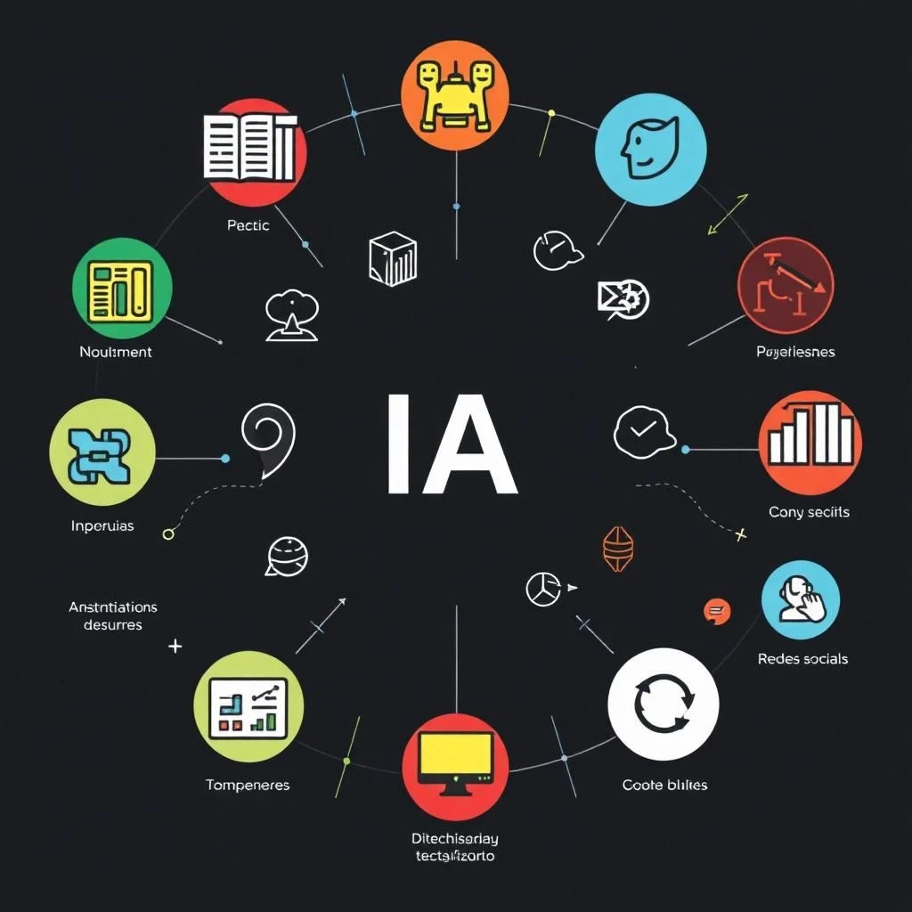 Ilustración de marketing digital 2025 con iconos de inteligencia artificial, gráficos de análisis de datos y redes sociales.